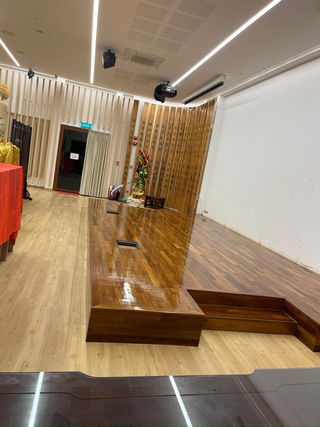 Singapore Buddhist Lodge Burmese Teak presentation platform with metal support framing — substrate checks, frame setting-out and finished platform